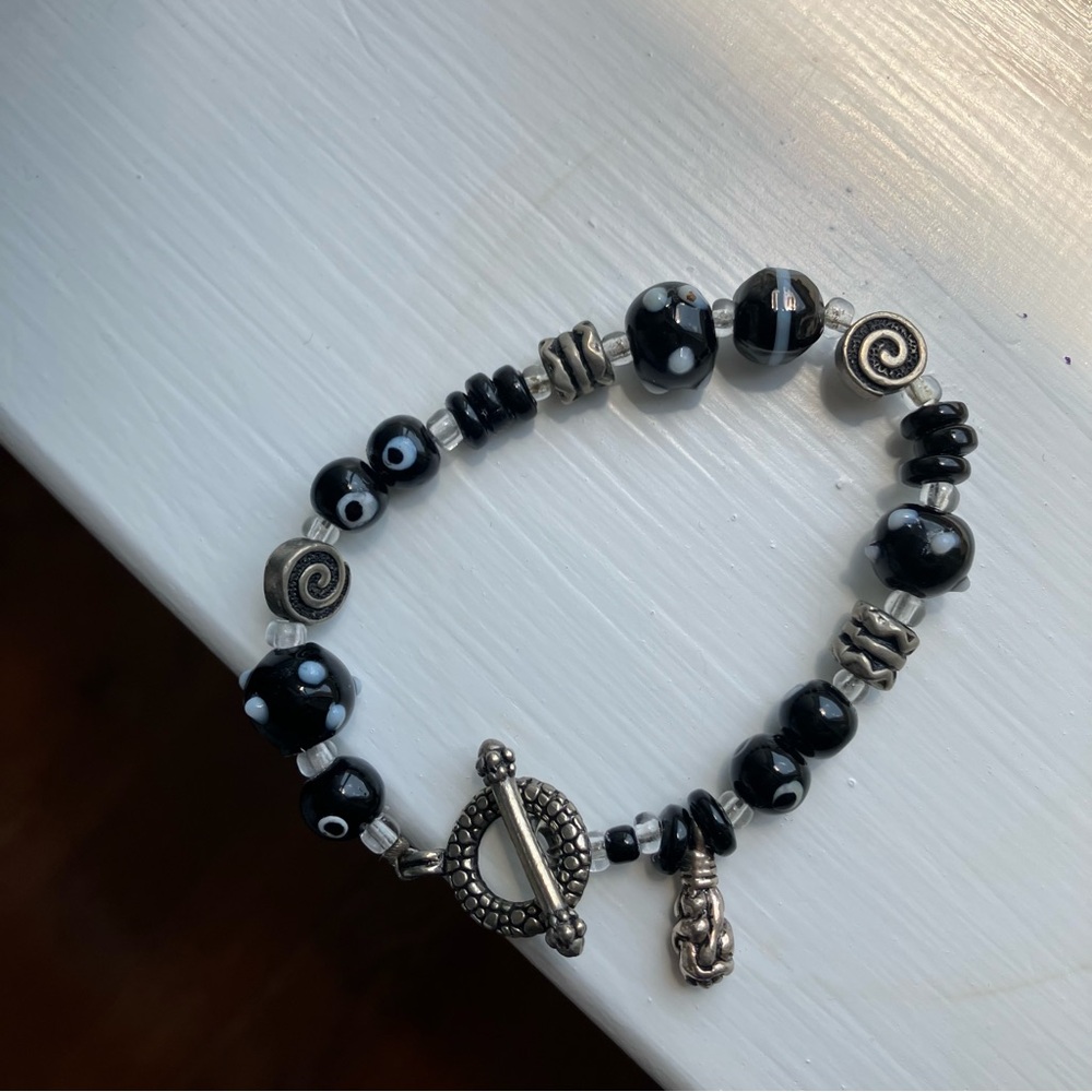Boutique Black White Metallic Bead Charm Bracelet